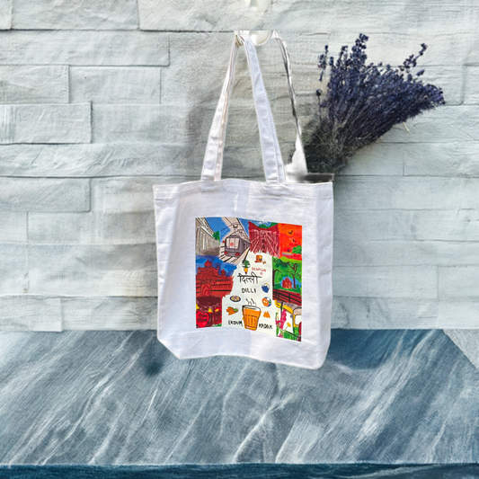 White Delhi-Themed Canvas Tote Bag – Hand-Illustrated City Vibes
