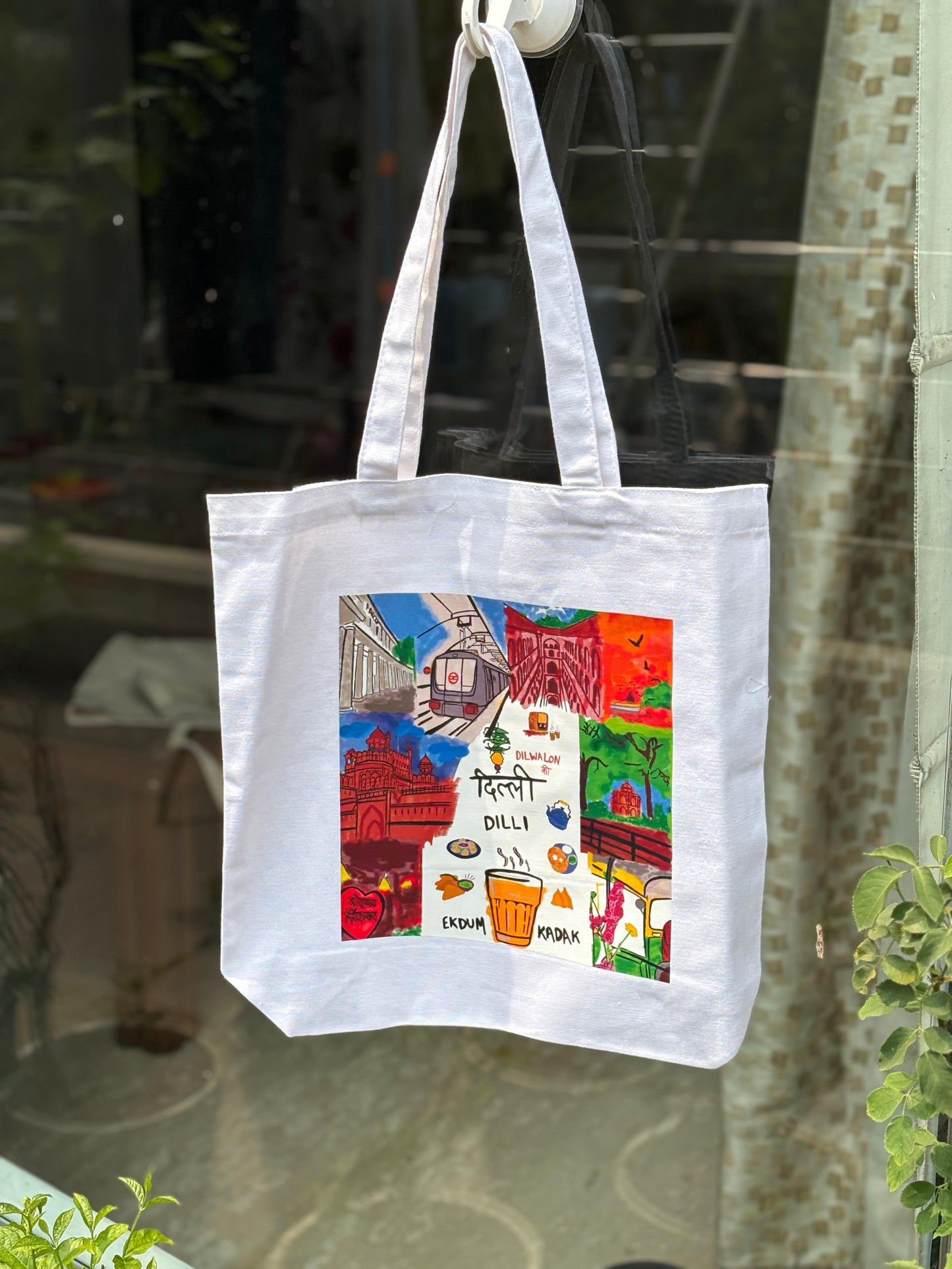 White Delhi-Themed Canvas Tote Bag – Hand-Illustrated City Vibes