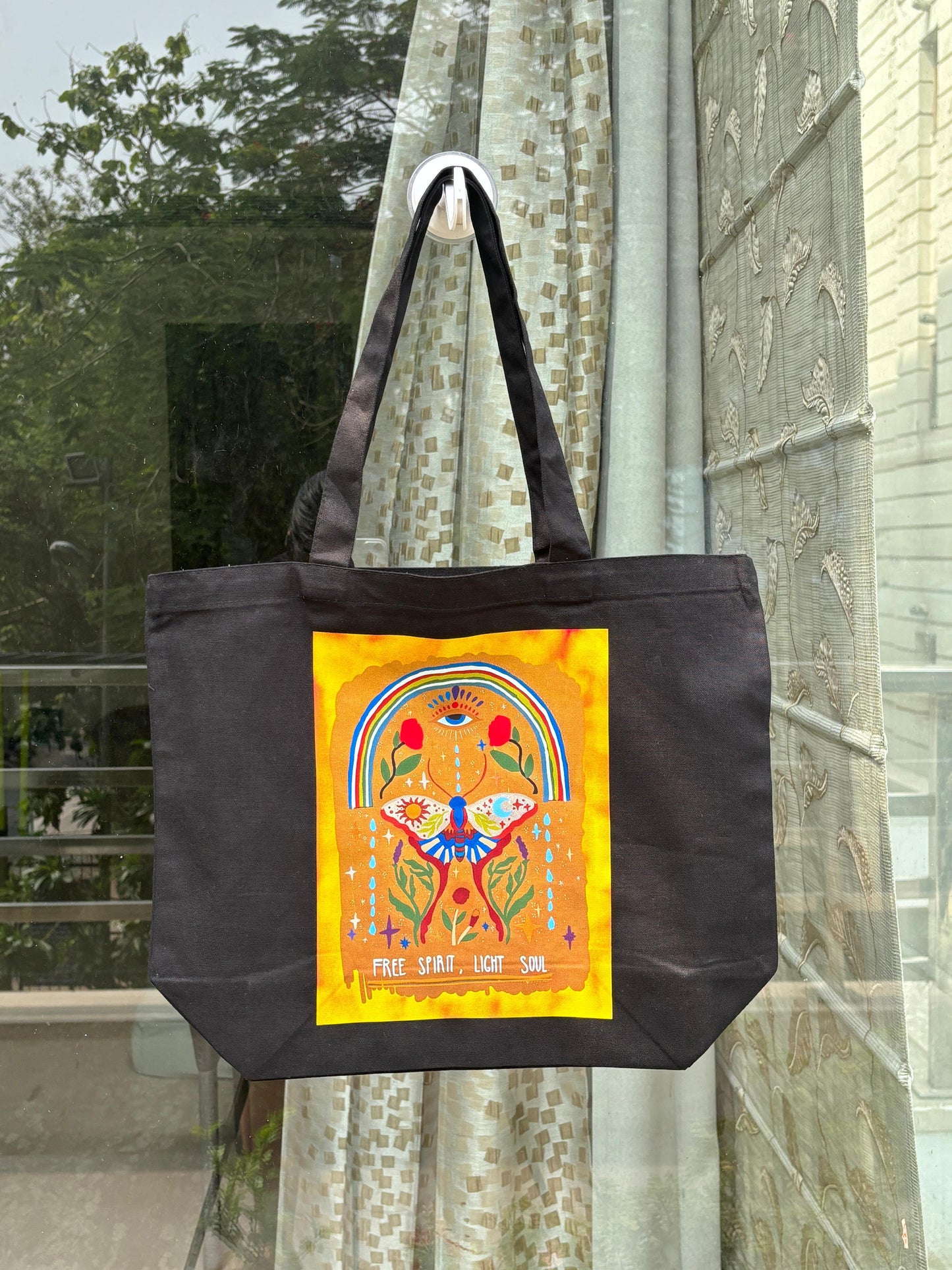 Black Canvas Tote Bag – “Free Spirit, Light Soul” Boho Art Print